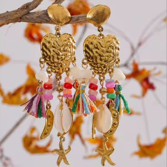 New ANTHRO Gold Ss Seashell Heart Beaded Tassel  Starfish Dangle Earrings - Picture 4 of 12